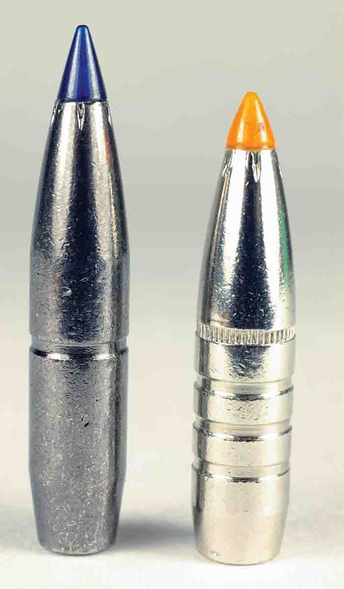 Federal Trophy Bonded Tip 30-caliber 180-grain bullets have three grooves, while the Federal Edge TLR 200-grain bullet has only one.